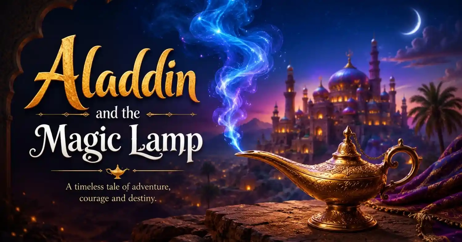 Aladdin and the Magic Lamp featured image showing a golden magic lamp with glowing mystical smoke, an Arabian palace, and a moonlit fantasy city in the background.